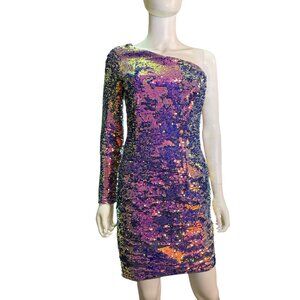 Aidan Mattox One-Shoulder Sequin Mini Dress Purple/Gold Size US 4 Holiday EUC